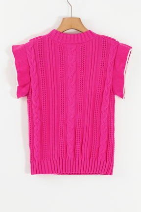 Strawberry Pink Contrast Trim Ruffle Sleeveless Twist Cable Knit Top