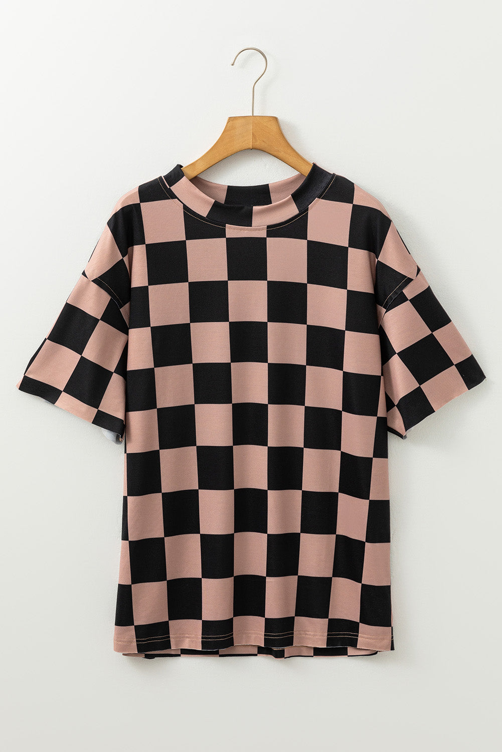 Light Beige Two Tone Checkered Crew Neck Loose T Shirt-True and Wild