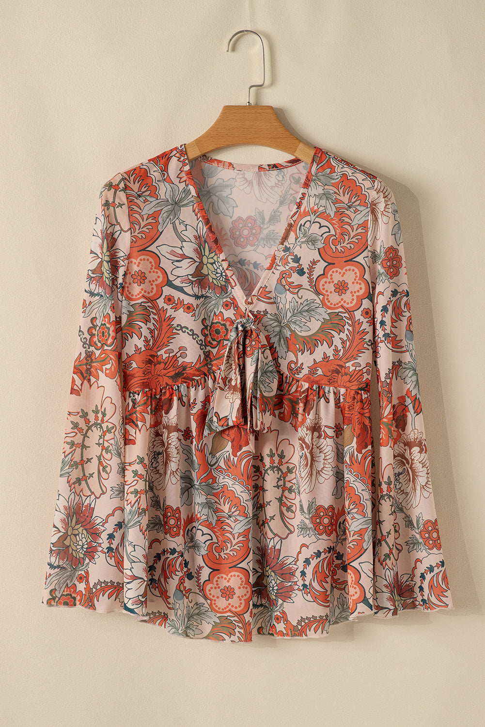 Orange Floral Bell Sleeve Pleated Blouse-True and Wild