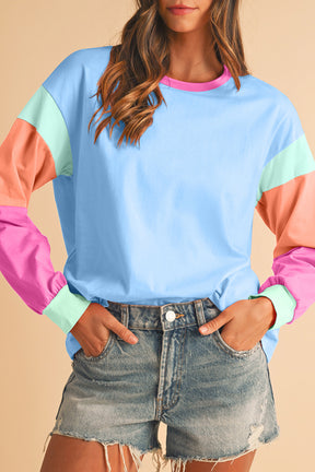 Rose Red Color Block Sleeve Loose Fit Top-True and Wild