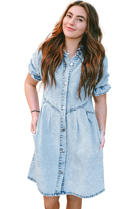 Blue Mineral Washed Ruffled Short Sleeve Pocketed Denim Dress-True and Wild