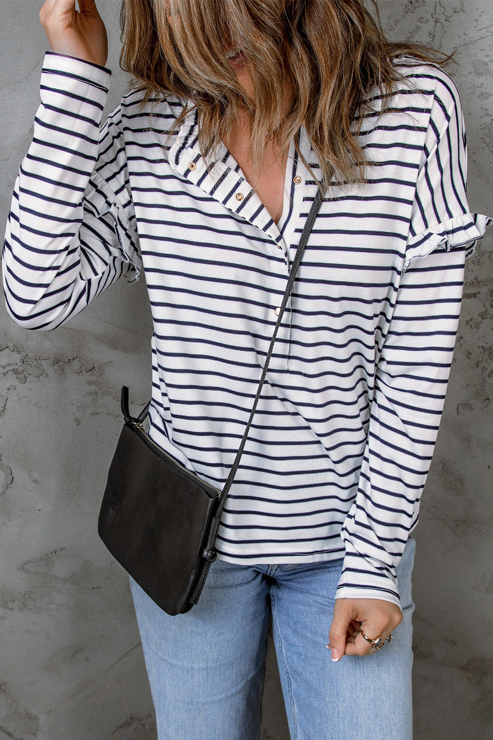 White Striped Snap Button Ruffle Trim Long Sleeve Top