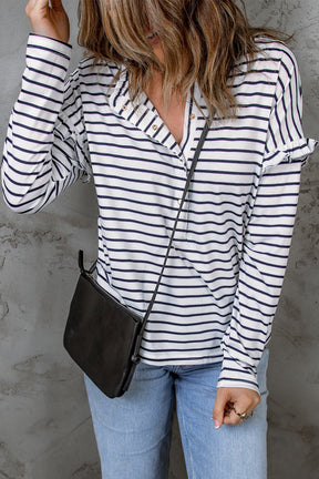 White Striped Snap Button Ruffle Trim Long Sleeve Top