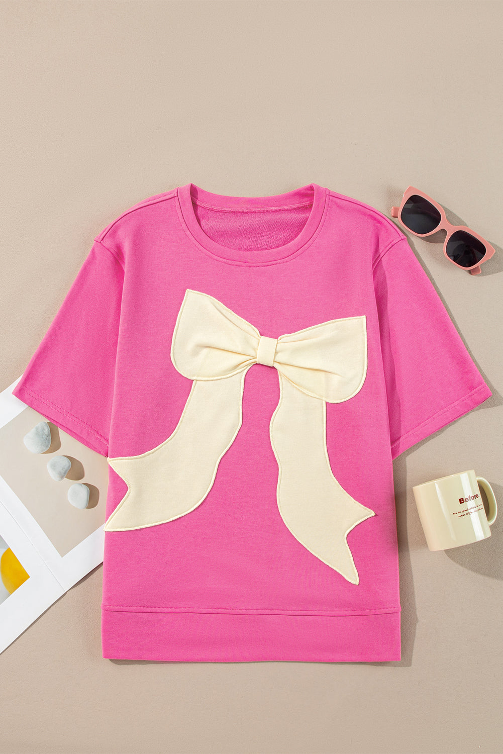 Strawberry Pink Sweet Bow Round Neck T-Shirt