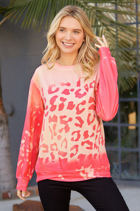 Pink Cheetah Print Drop Sleeve Bleached Sweatshirt-True and Wild