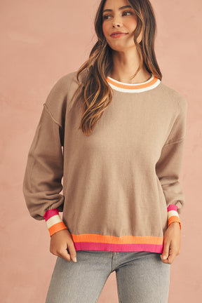 Parchment Striped Trim Drop Shoulder Sweater-True and Wild