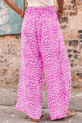 Bright Pink Boho Leopard Print Wide Leg Pants-True and Wild