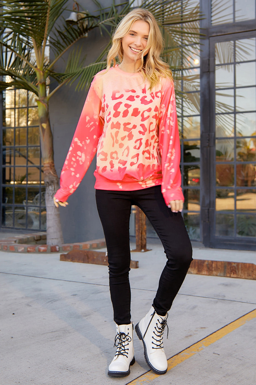 Pink Cheetah Print Drop Sleeve Bleached Sweatshirt-True and Wild