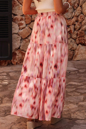 Pink Abstract Watercolor Tie Dye Tiered Maxi Skirt