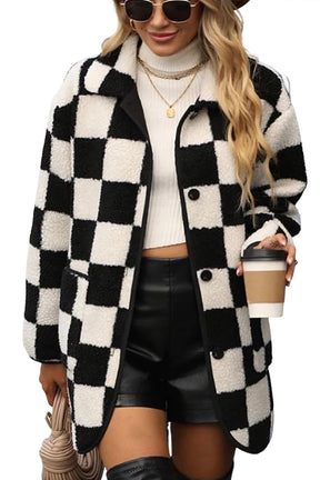 Black Checkered Side Pockets Collared Buttoned Fleece Jacket-True and Wild