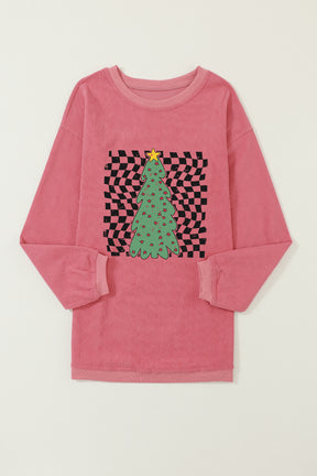 Strawberry Pink Christmas Tree Checkered Print Graphic Corded Sweatshirt