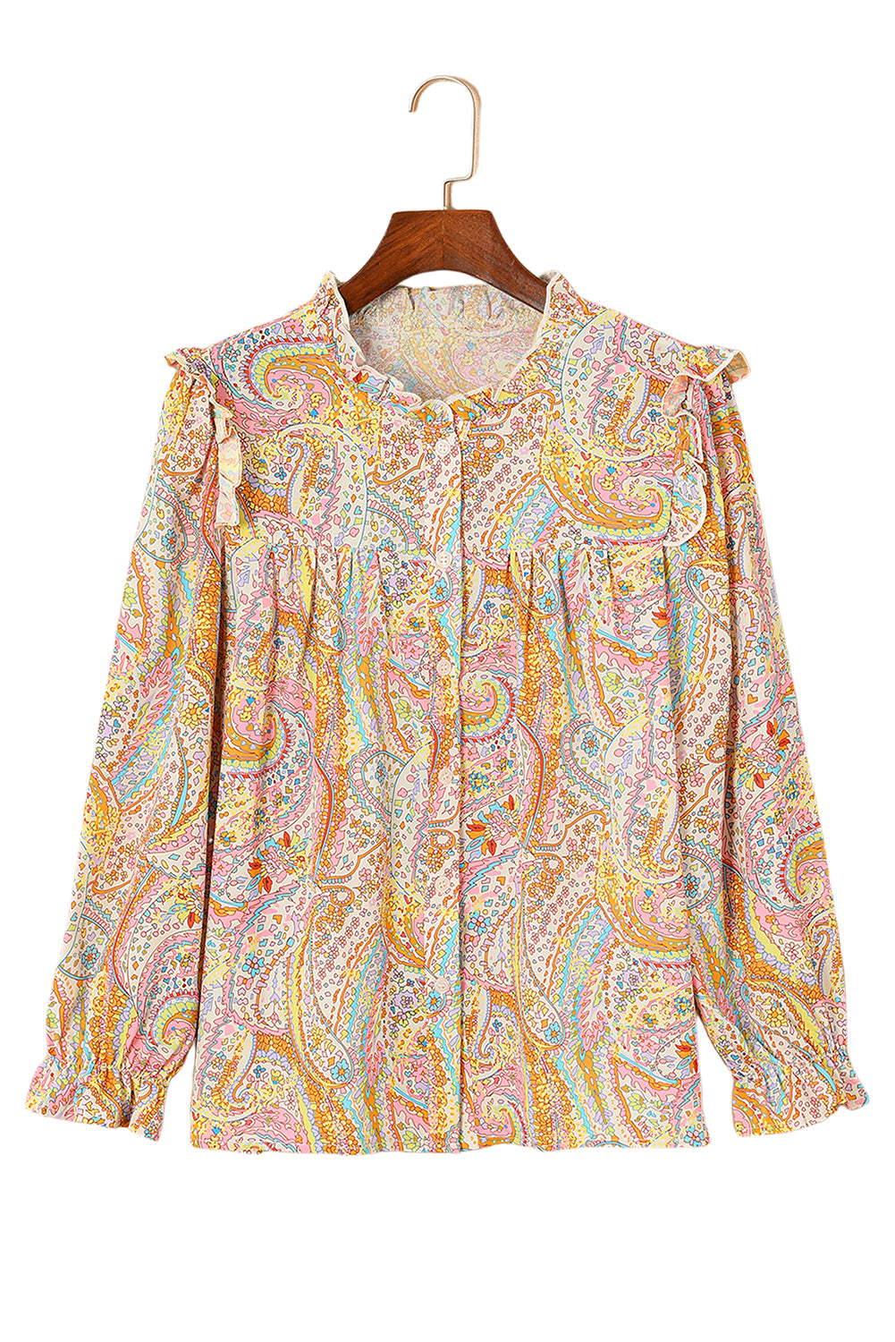 Yellow Paisley Print Ruffled Trim Button Up Boho Blouse