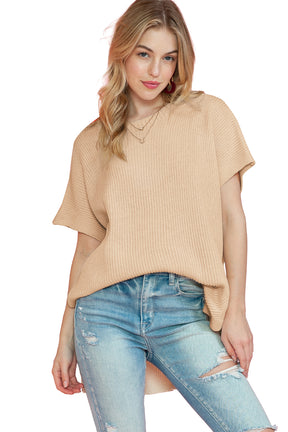 Haze Blue Side Slit Short Sleeve Oversized Sweater-True and Wild