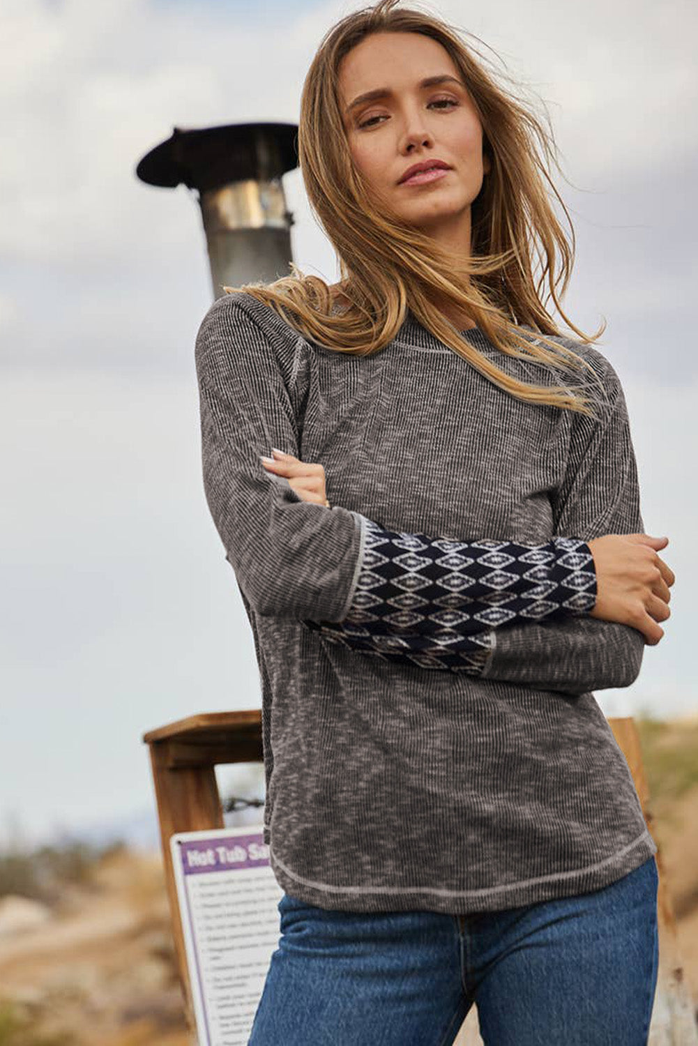 Gray Ribbed Casual Geometric Patchwork Long Sleeve Top-True and Wild