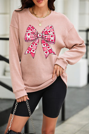 Pink Valentines Heart Checkered Bow Pattern Corded Baggy Sweatshirt-True and Wild