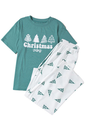 Green Christmas Tree Print Tee & White Pants Loungewear Set-True and Wild