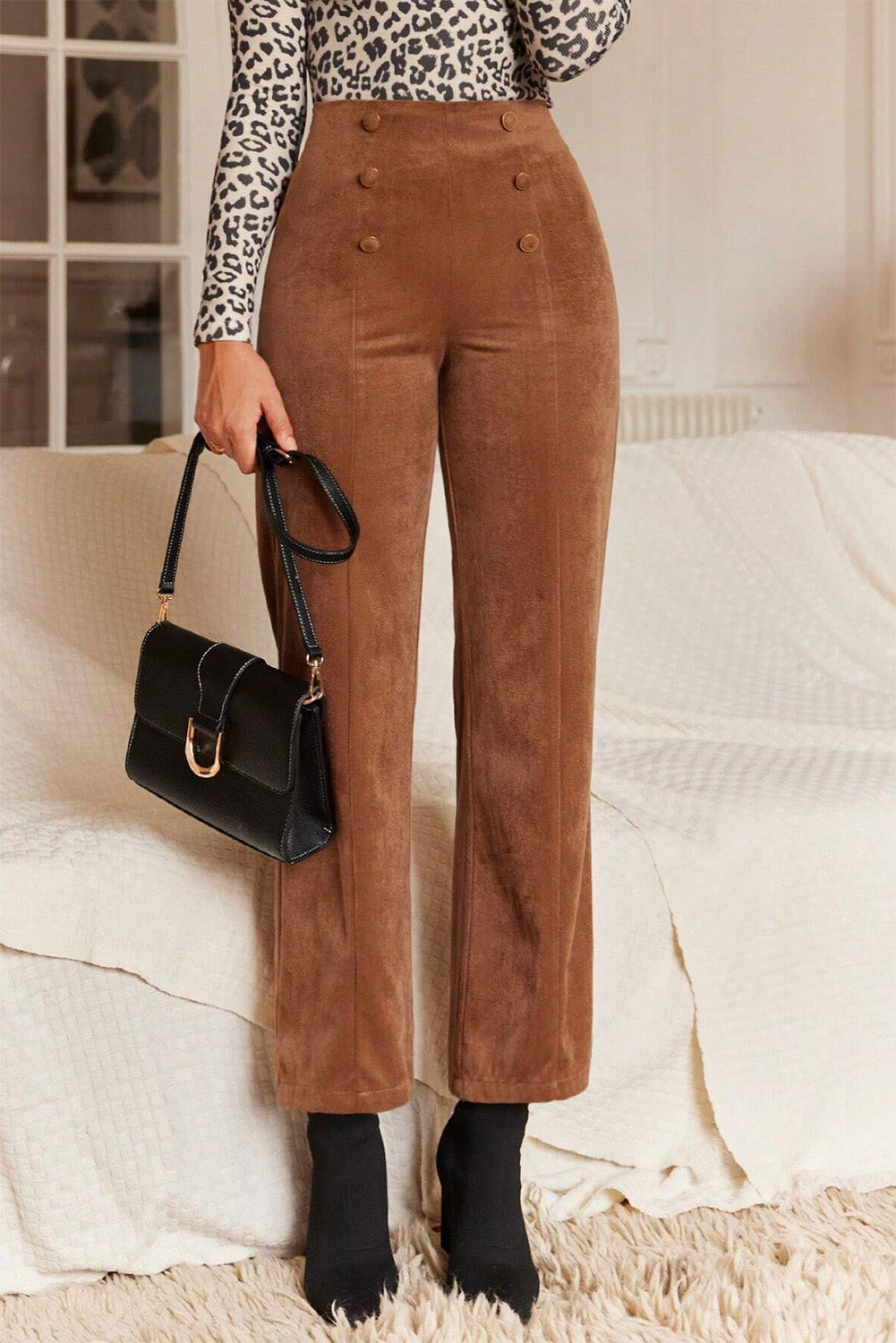 Chestnut Solid Color Double Breasted Straight Leg Pants-True and Wild