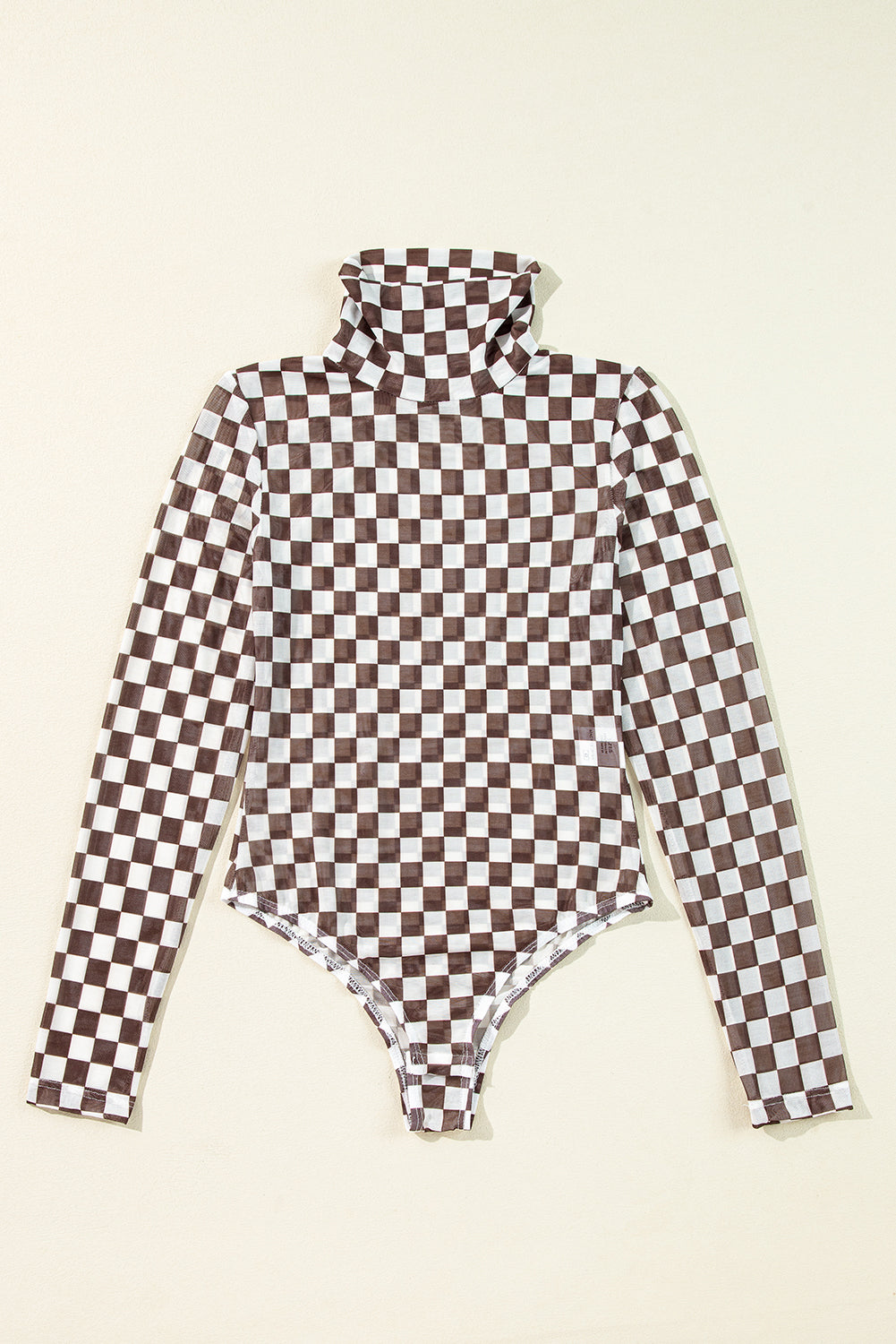 Brown Checkered Print Long Sleeve Mock Neck Bodysuit-True and Wild