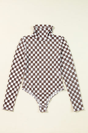 Brown Checkered Print Long Sleeve Mock Neck Bodysuit-True and Wild