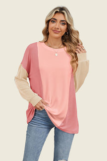 Double Take Texture Contrast Round Neck Long Sleeve T-Shirt-True and Wild