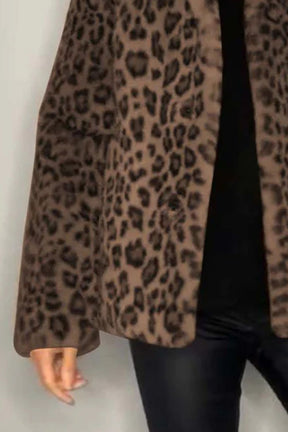 Full Size Leopard Furry Collared Neck Long Sleeve Coat-True and Wild