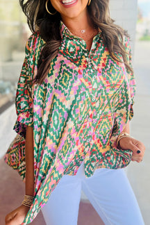 Dark Green Geometric Print Button Up Shirt-True and Wild