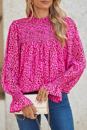 Rose Leopard Shirred Puff Sleeve Flowy Blouse-True and Wild