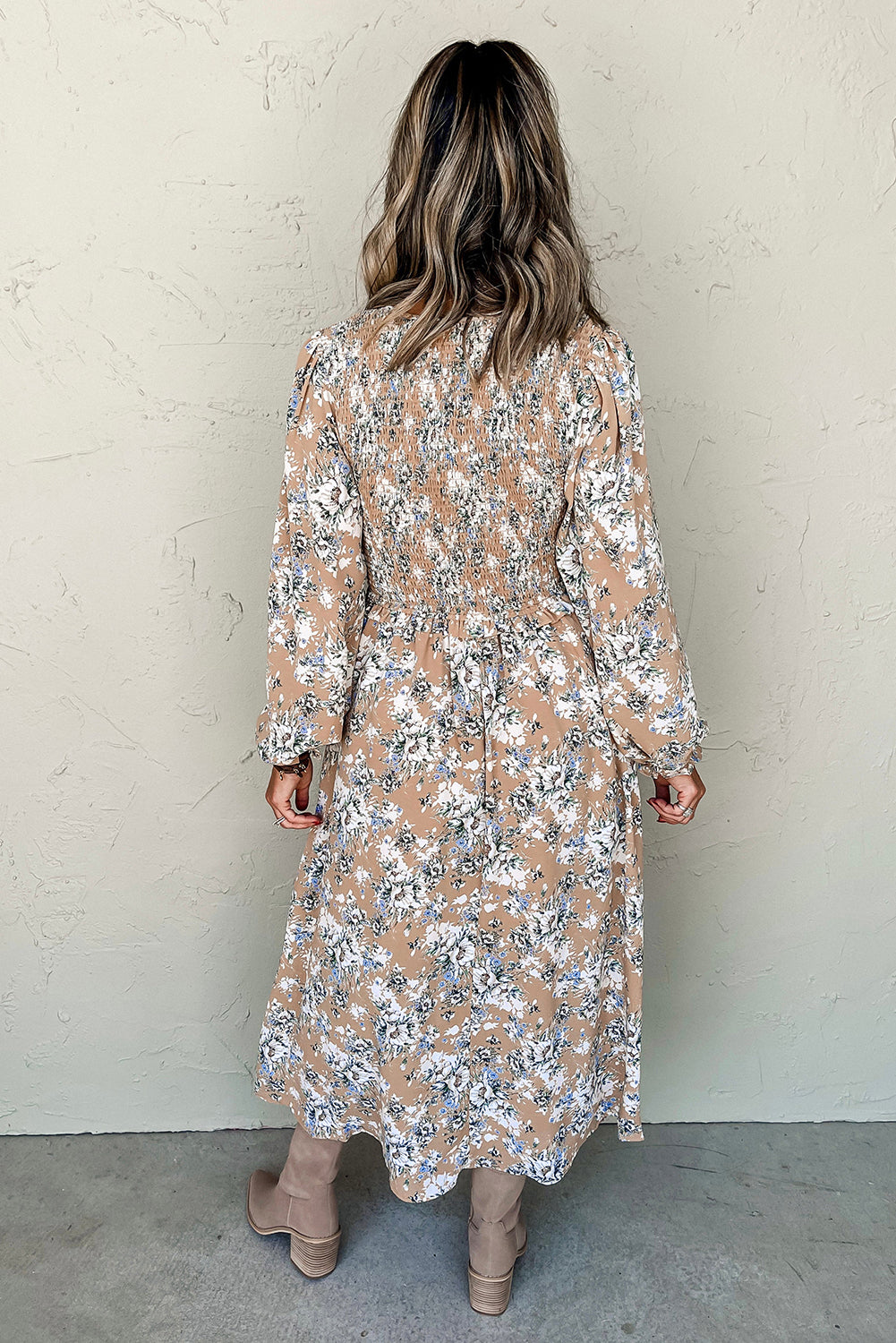 Khaki Floral Smocked Puff Sleeve Maxi Dress