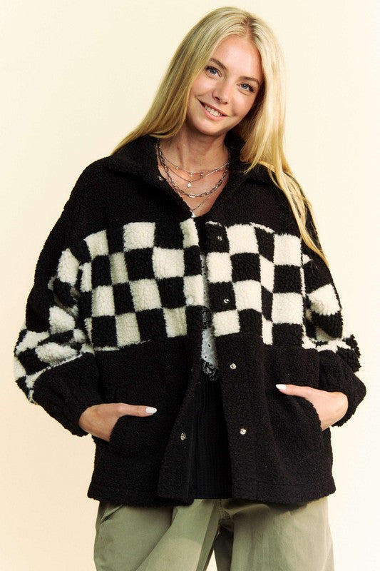 Davi & Dani Full Size Checkered Snap Down Faux Fur Jacket-True and Wild