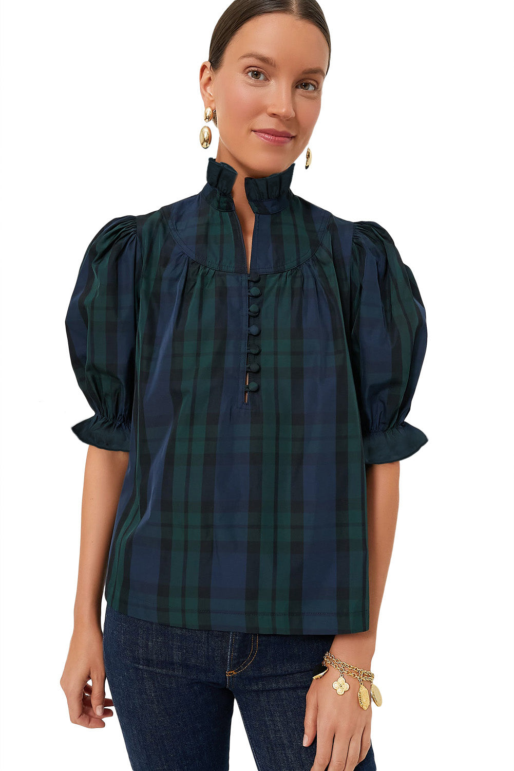 Green Checkered Puff Sleeve Frill Trim Blouse