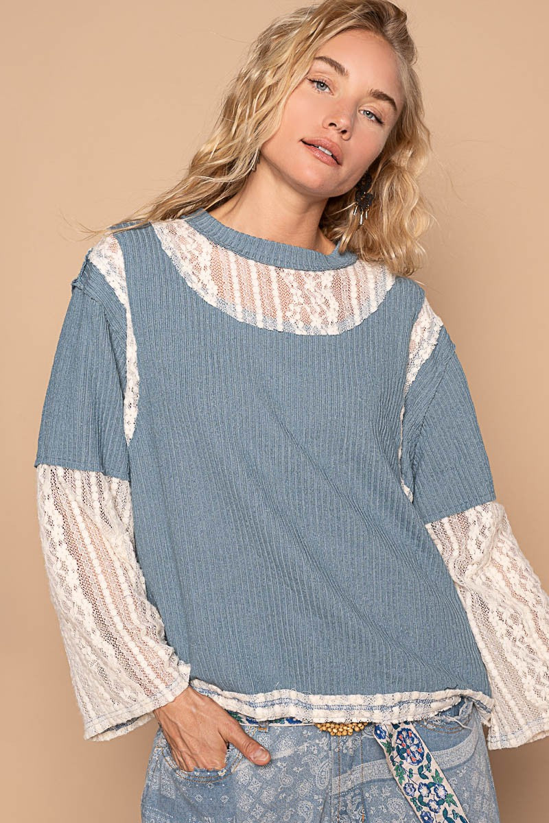 POL Lace Panel Round Neck Long Sleeve Top-True and Wild