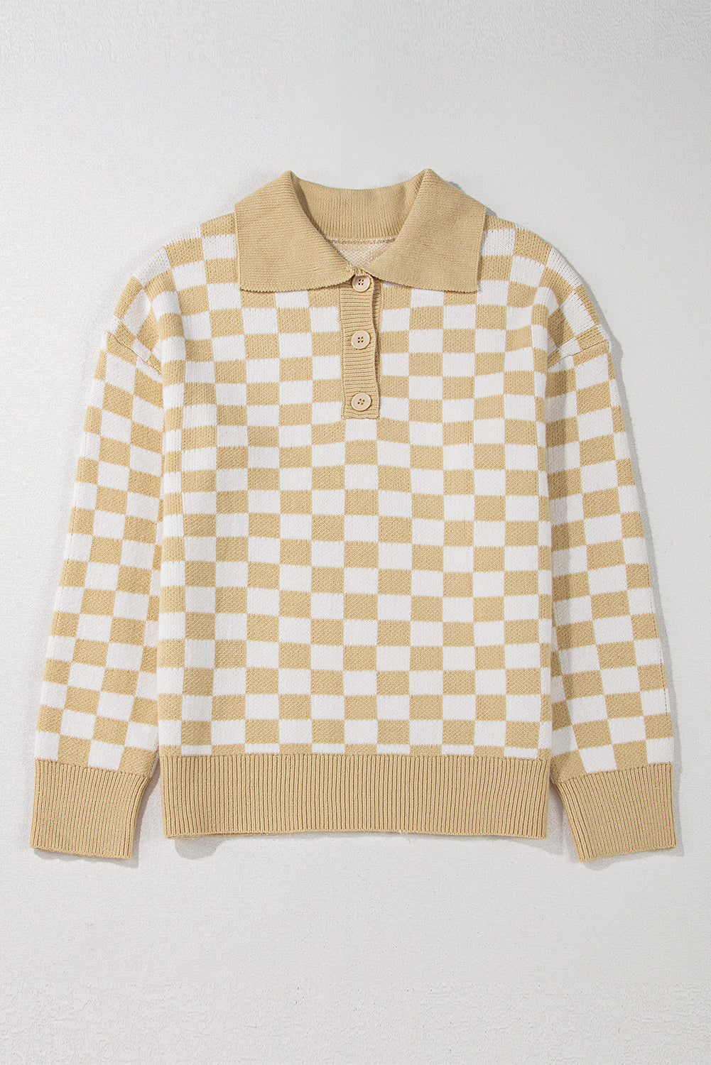 Checkered Collared Neck Long Sleeve Sweater-True and Wild