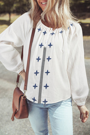 White Geometric Embroidered Crinkle Button Blouse