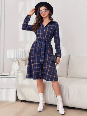 Plaid Tie Waist Long Sleeve Dress-True and Wild