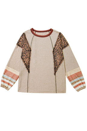 Khaki Leopard Contrast Exposed Seam Long Sleeve Top-True and Wild