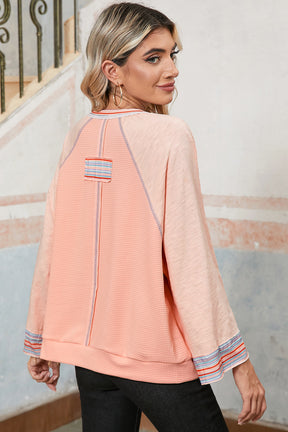 Grapefruit Orange Patchwork Long Sleeve Waffle Top-True and Wild