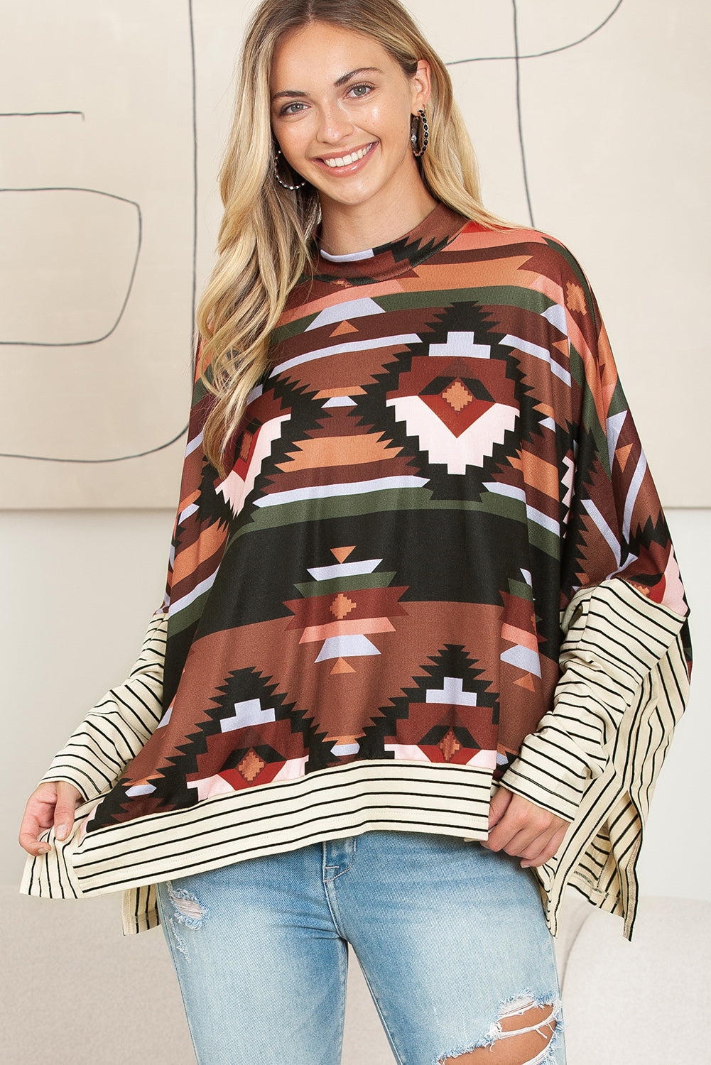 Multicolor Geometric Pattern Striped Long Sleeve Top-True and Wild