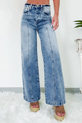 Dusk Blue Central Seamed Wide Leg High Waist Jeans-True and Wild