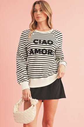 Black Stripe CIAO AMORE Graphic Buttoned Sweatshirt-True and Wild