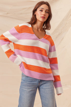 Orange Casual Stripe V Neck Side Slit Sweater-True and Wild