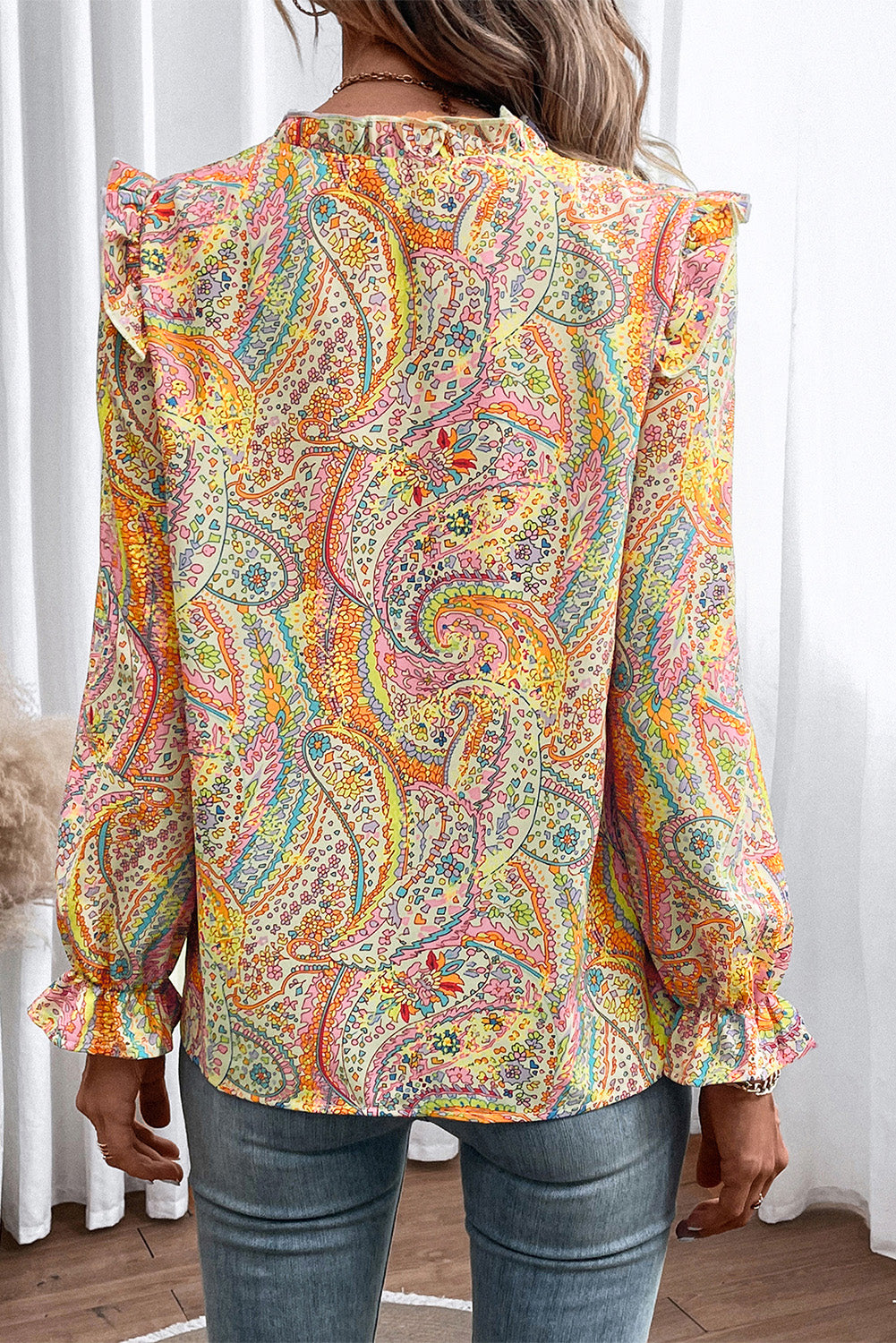 Yellow Paisley Print Ruffled Trim Button Up Boho Blouse