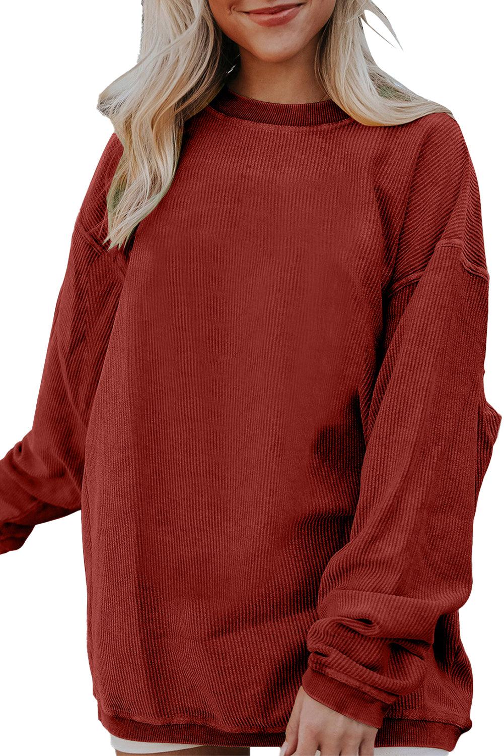 Chestnut Plain Drop Sleeve Crinkle Rib Oversized Sweatshirt-True and Wild