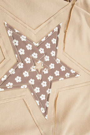 Apricot Floral Patchwork Star Pattern Drawstring Hoodie