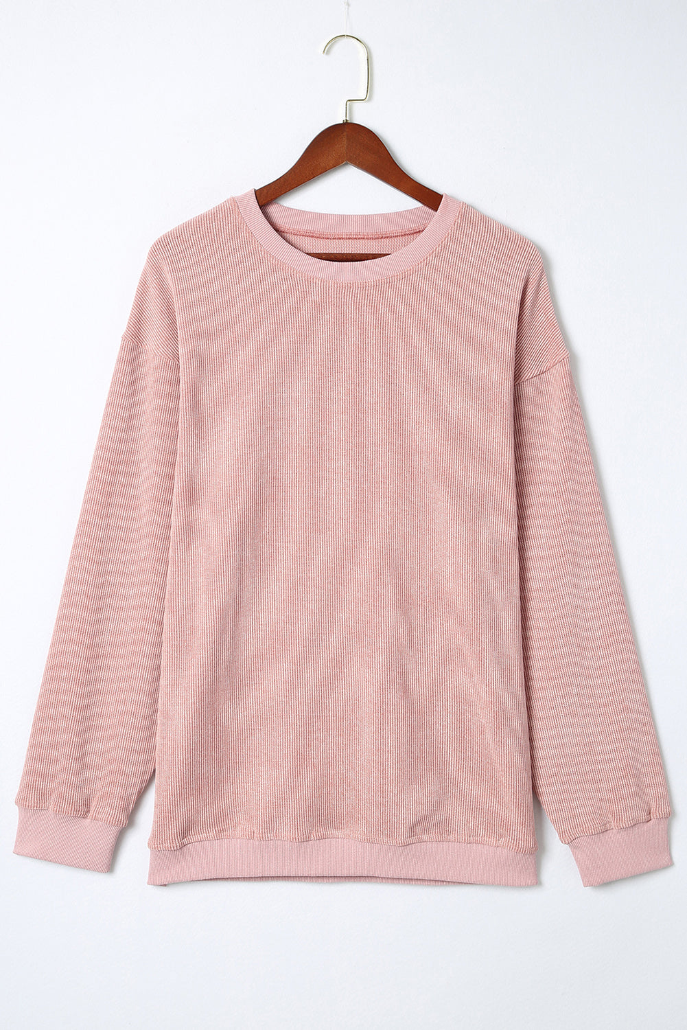 Pink Solid Ribbed Round Neck Pullover Sweatshirt-True and Wild