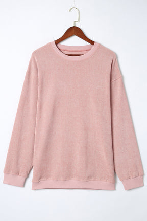 Pink Solid Ribbed Round Neck Pullover Sweatshirt-True and Wild