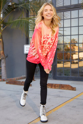 Pink Cheetah Print Drop Sleeve Bleached Sweatshirt-True and Wild