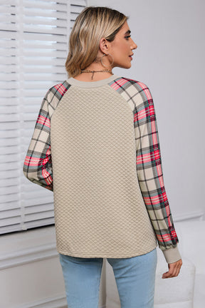 Brown Plaid Print Waffle Quilted Raglan Sleeve Sweatshirt-True and Wild