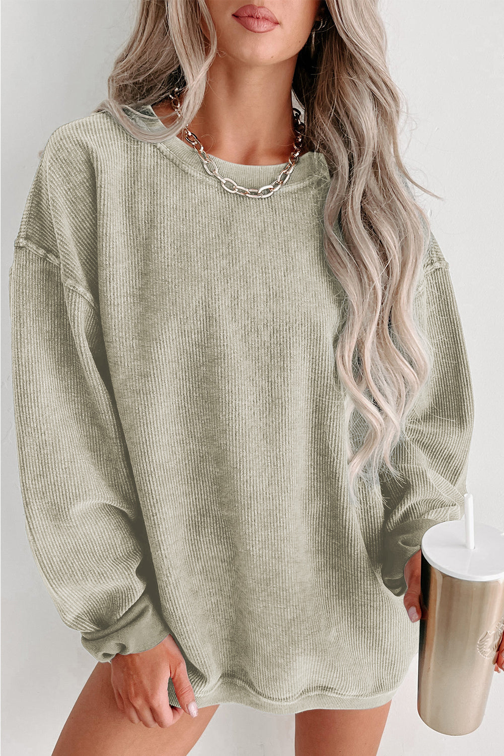 Pink Solid Ribbed Round Neck Pullover Sweatshirt-True and Wild