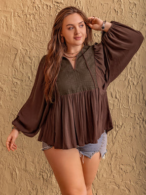 Plus Size Tie Neck Balloon Sleeve Blouse-True and Wild