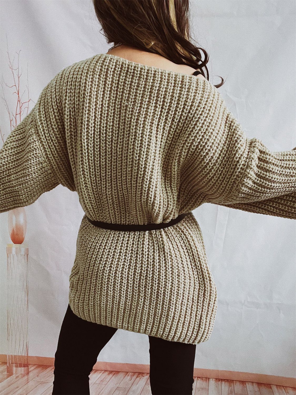 Boat Neck Long Sleeve Sweater With Belt